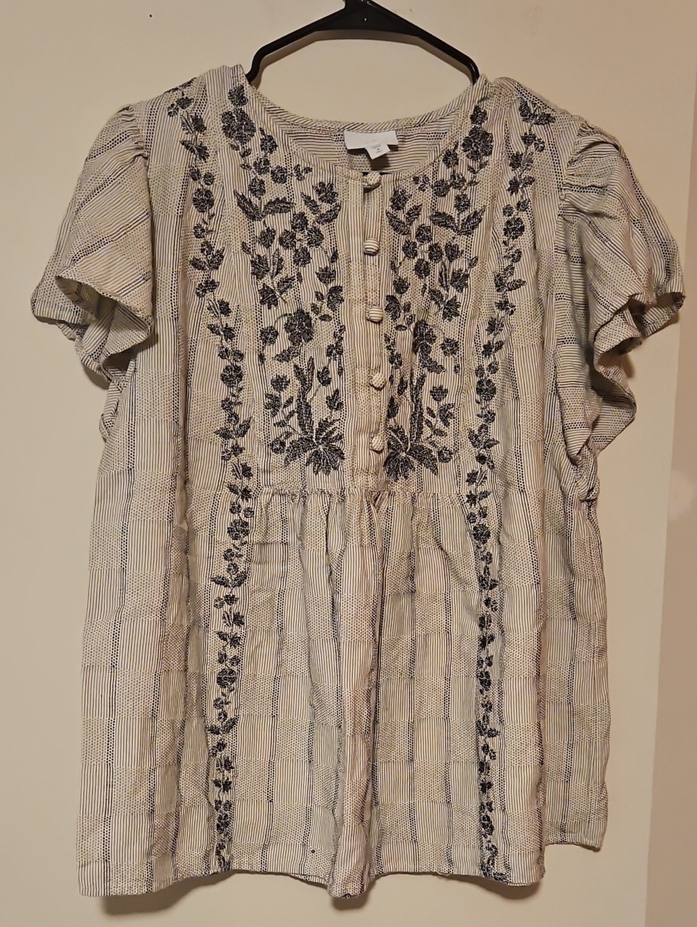J. Jill Cream Dress with Navy Floral Embroidery